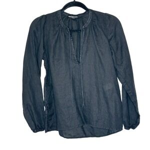 James Perse Linen Blend Peasant Top Blouse Womens Size 0/‎ XS Black Long Sleeve